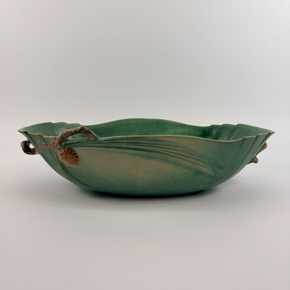 Roseville Pinecone Green Console Bowl 323-15 Art Pottery Twig Handles